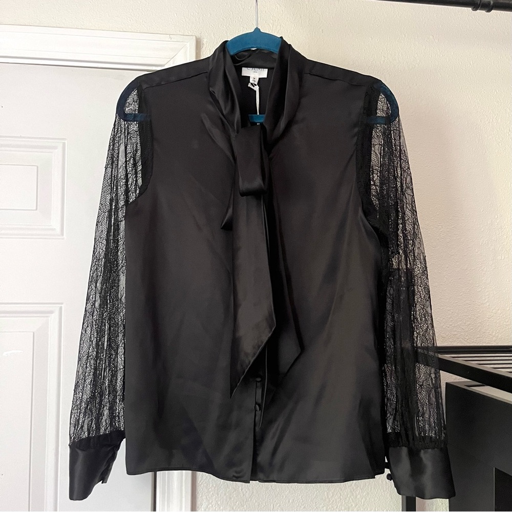 NWT CAMI NYC Black silk tie bow neck button up lace contrast long sleeve blouse